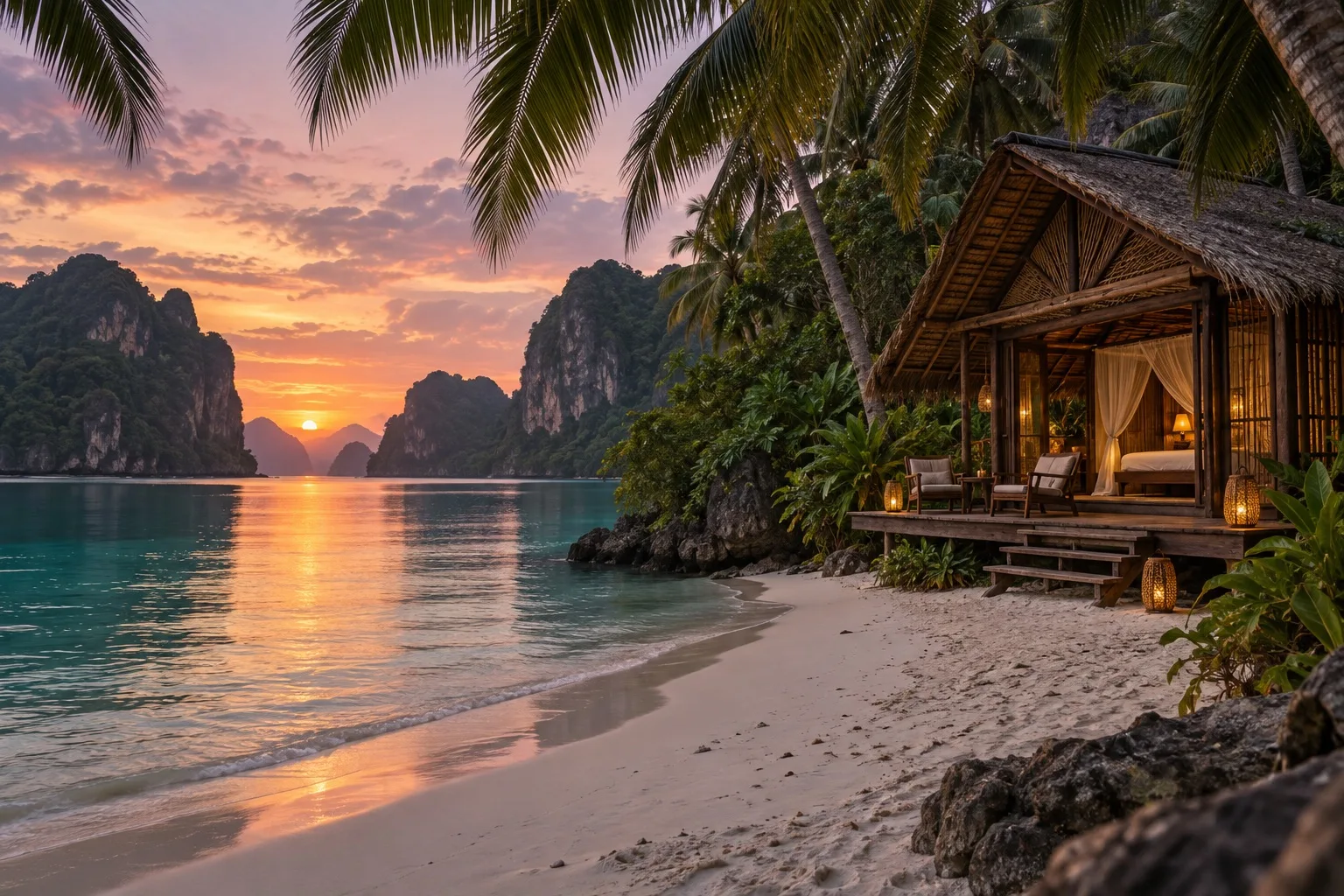 Illustrative island sleeping pavilion with lantern light beside a beach at dusk