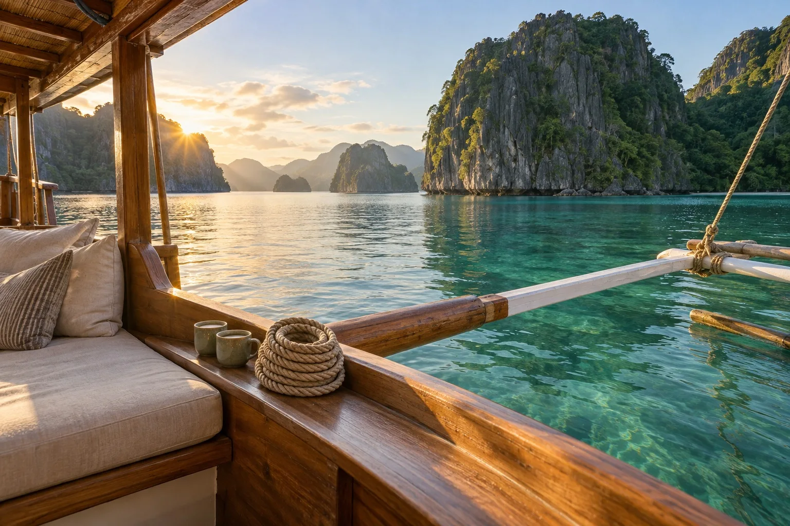 Illustrative wooden expedition boat deck facing limestone islands at sunrise