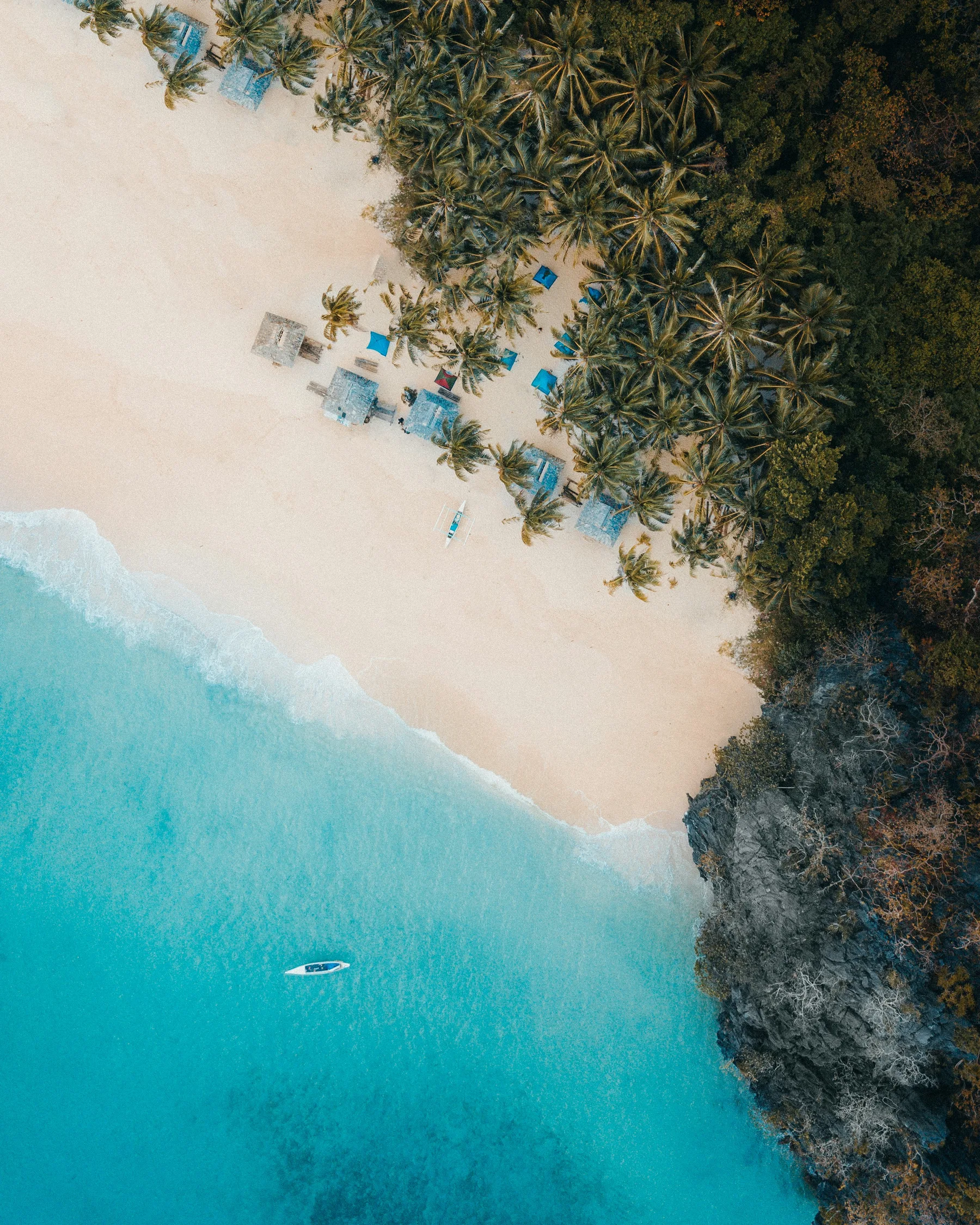 Licensed aerial view of palms, pale sand and turquoise sea in El Nido