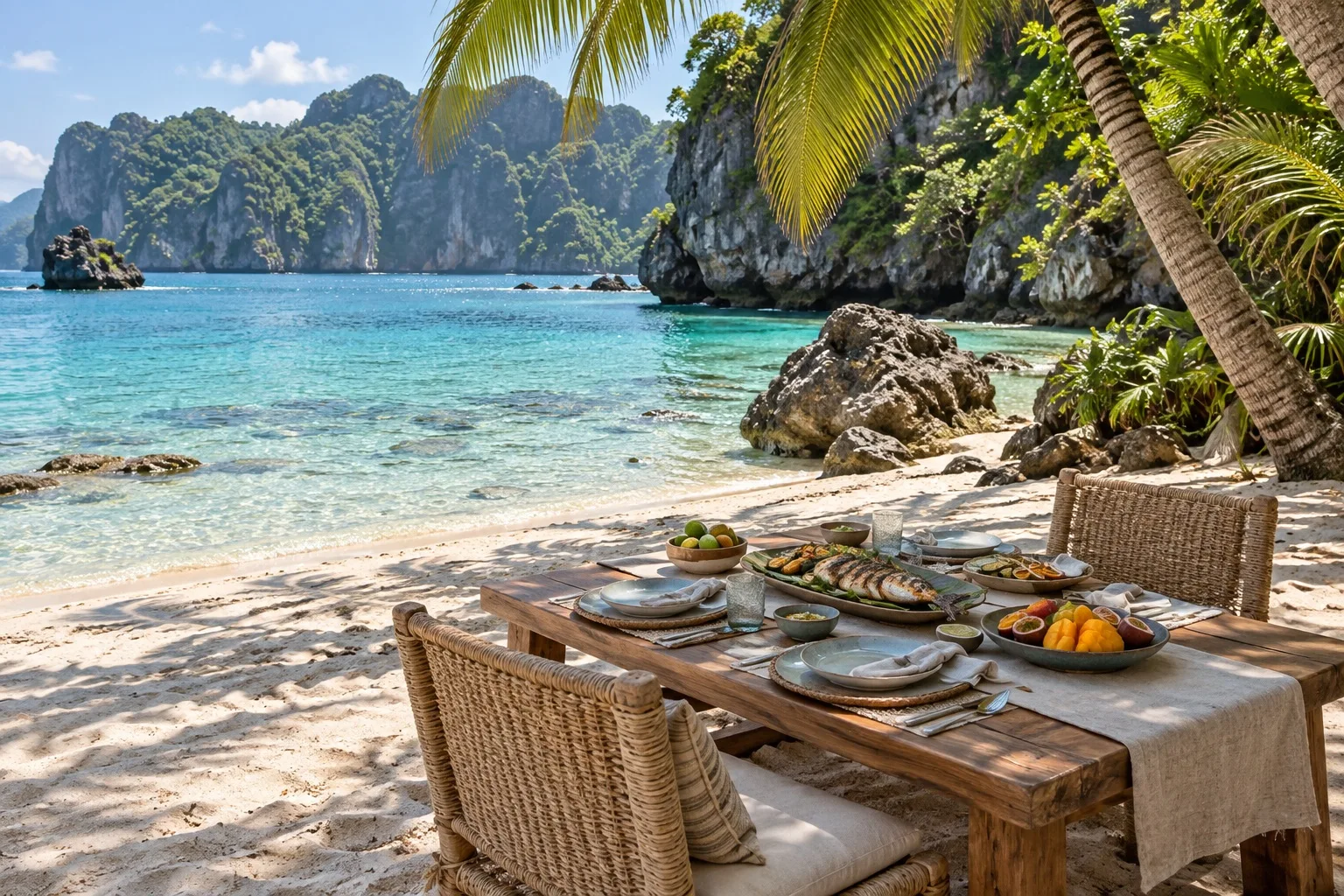 Illustrative private beach lunch set beneath palm trees beside turquoise water